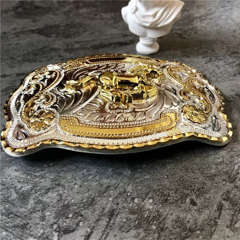 Western Rodeo Bull Rider Belt Buckle for 40mm Straps, Silver & Gold