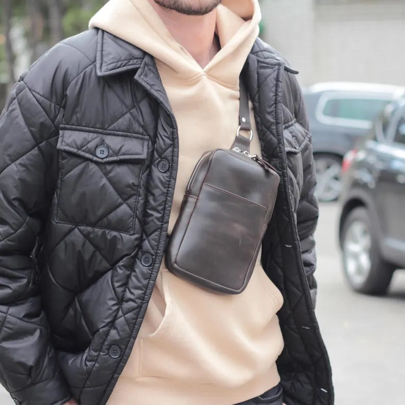 Men's Compact Leather Chest Sling Phone Bag