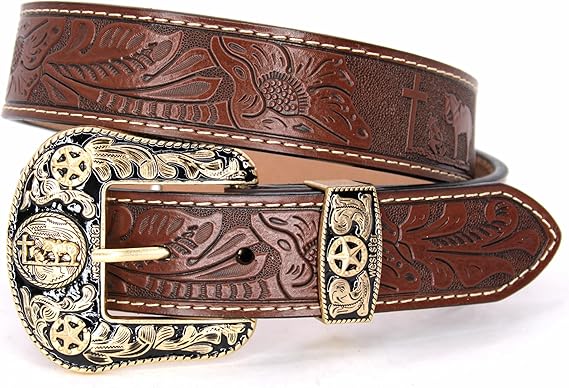 Genuine Leather Western Cowboy Belt – Engraved Buckle
