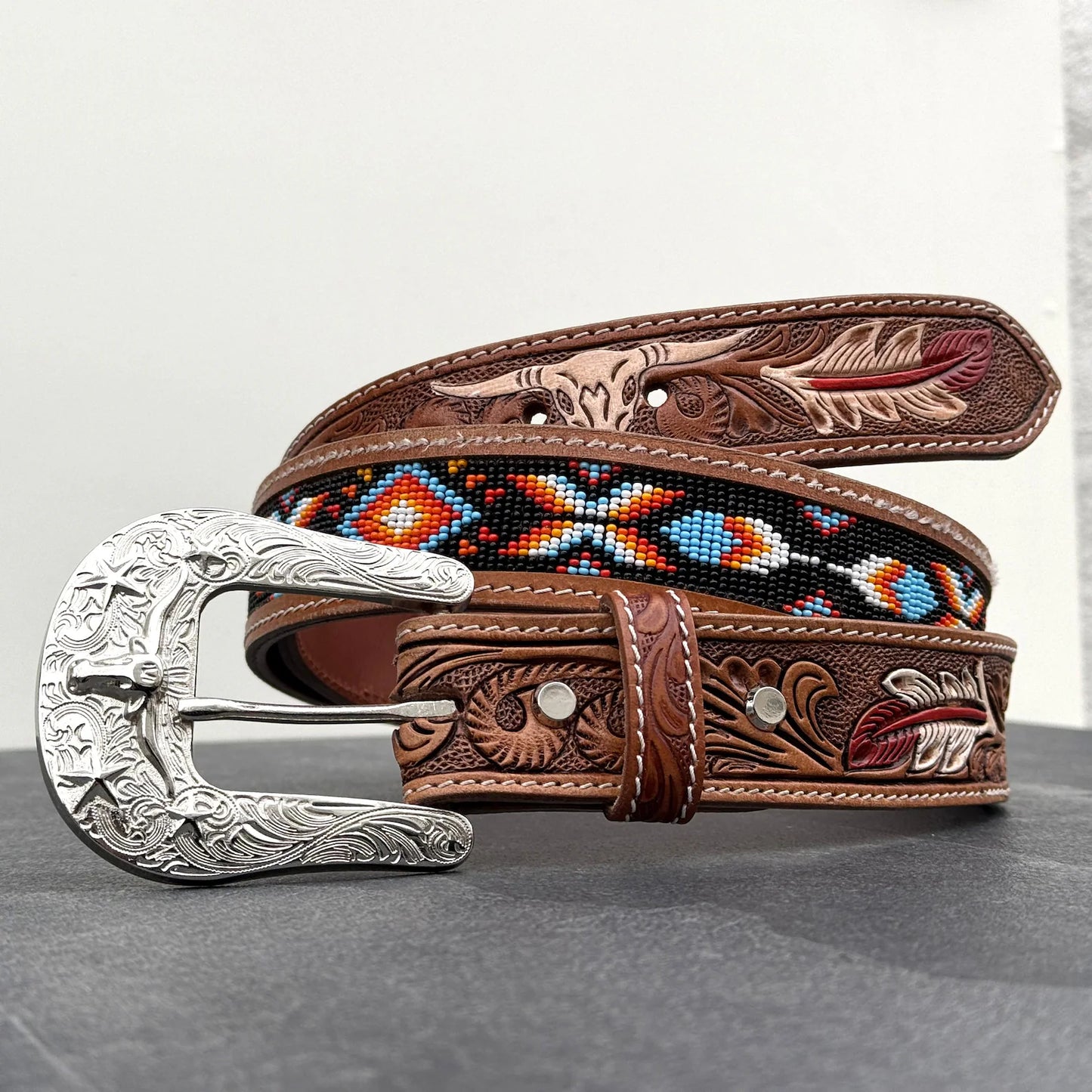 Southwestern Beaded Leather Belt – Longhorn & Feather Design