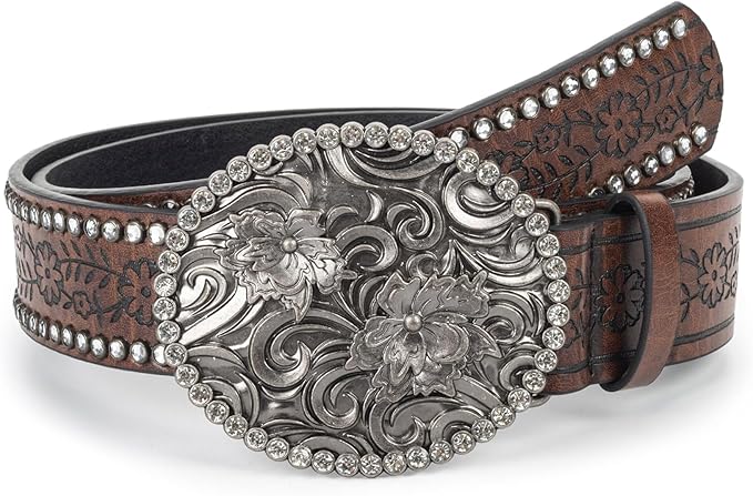 Western Cowboy PU Leather Belt – Floral Engraved