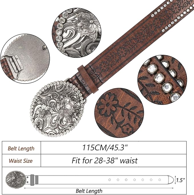 Western Cowboy PU Leather Belt – Floral Engraved