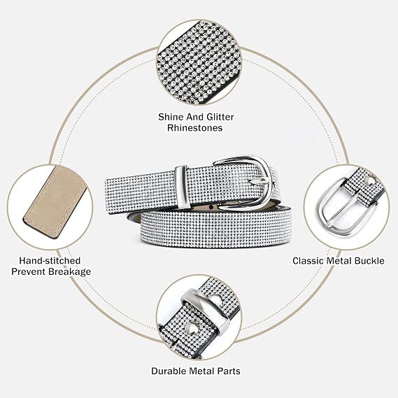Women's Silver Sparkly Diamond D-Ring Belt
