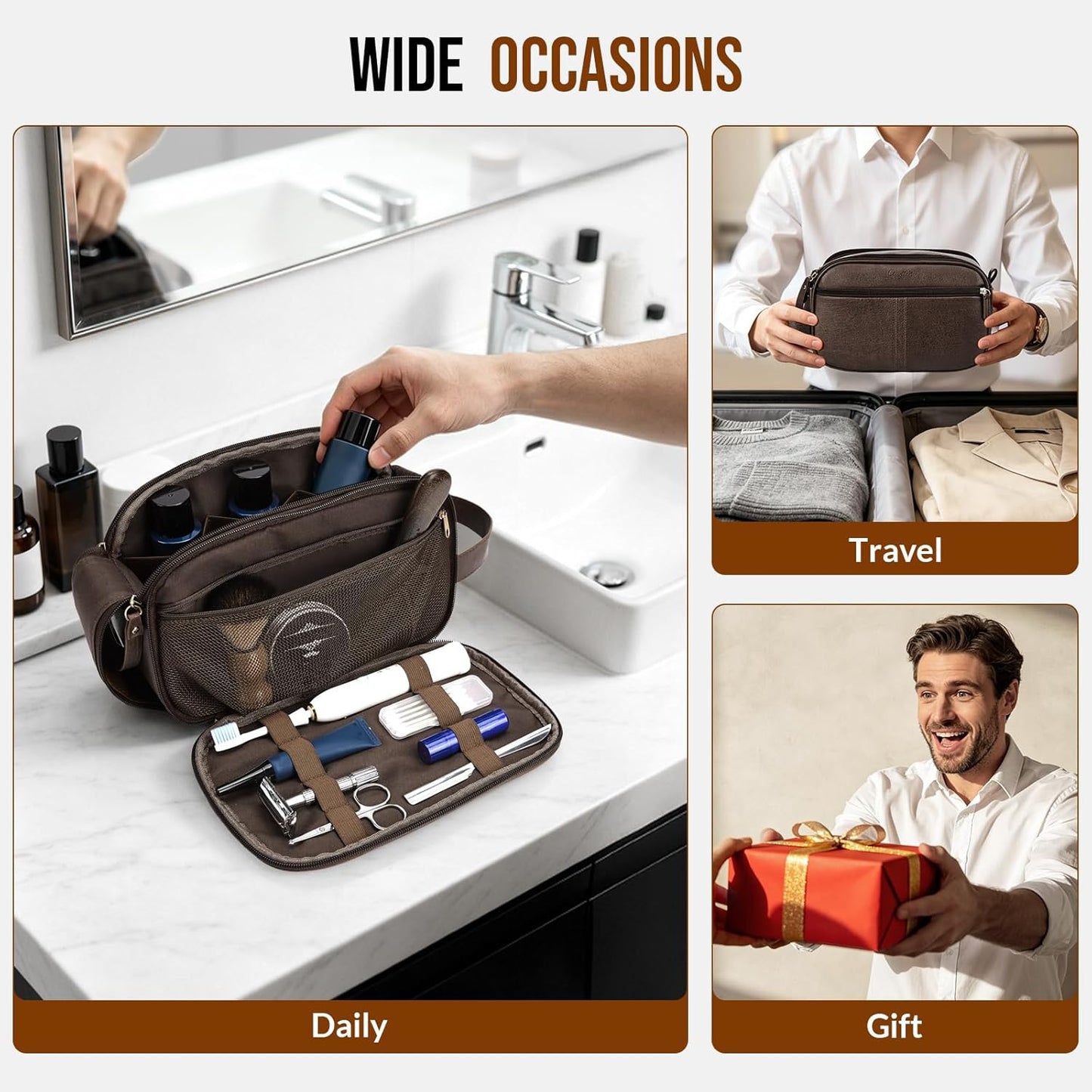 Men's Structured Dark Brown Leather Grooming Organizer