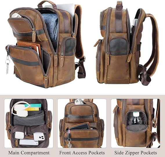 Men's Thick Cowhide Leather Travel Daypack – 15.6