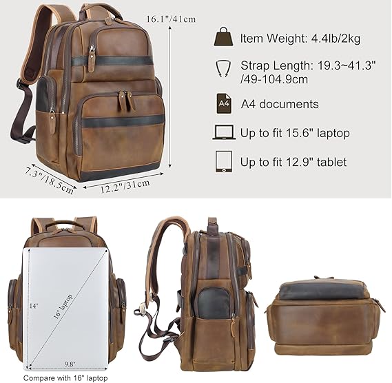 Men's Thick Cowhide Leather Travel Daypack – 15.6