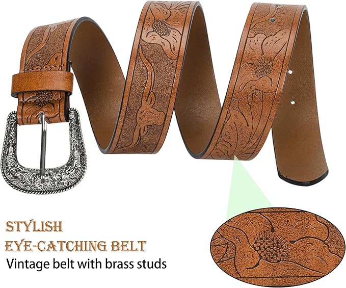 Women's Vintage Leather Belt – Hollow Flower Design