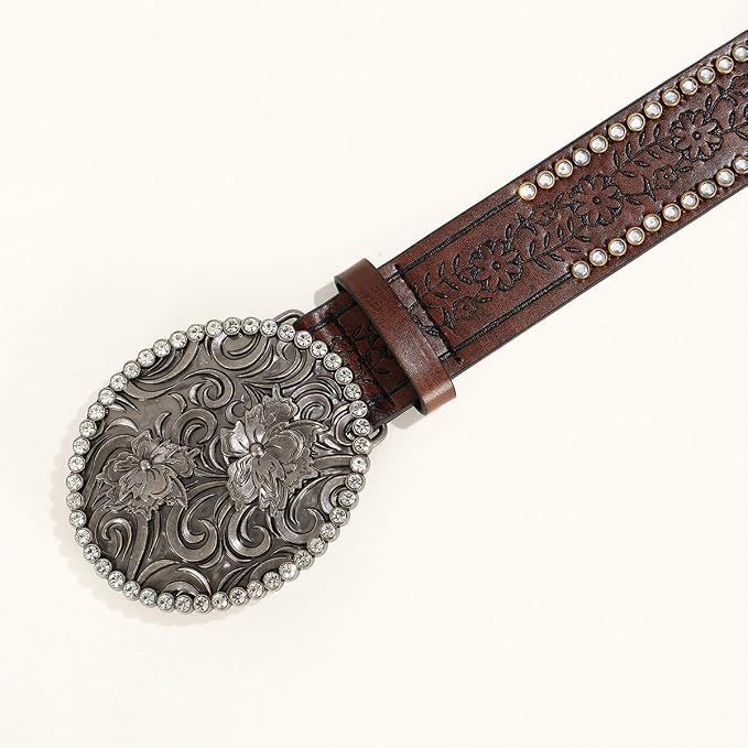 Western Cowboy PU Leather Belt – Floral Engraved